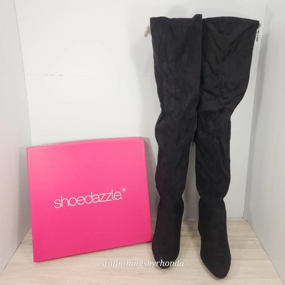 New In Box SHOEDAZZLE NEVAEH Thigh High Boots Over Knee Zip BLACK US 9 / EU 40