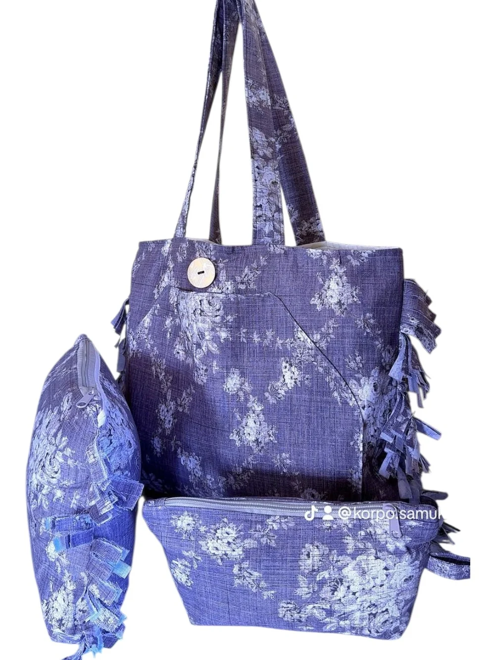 Purple Floral Tote Bag Set with Matching Pouches - Women Bags