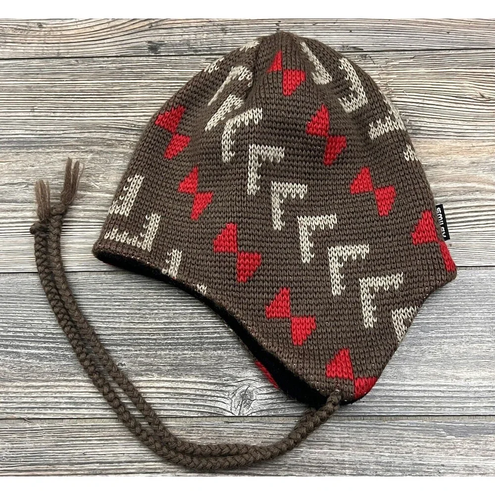 Smiley Trapper Beanie Brown 100% Pure Wool OSFM‎ Made In USA