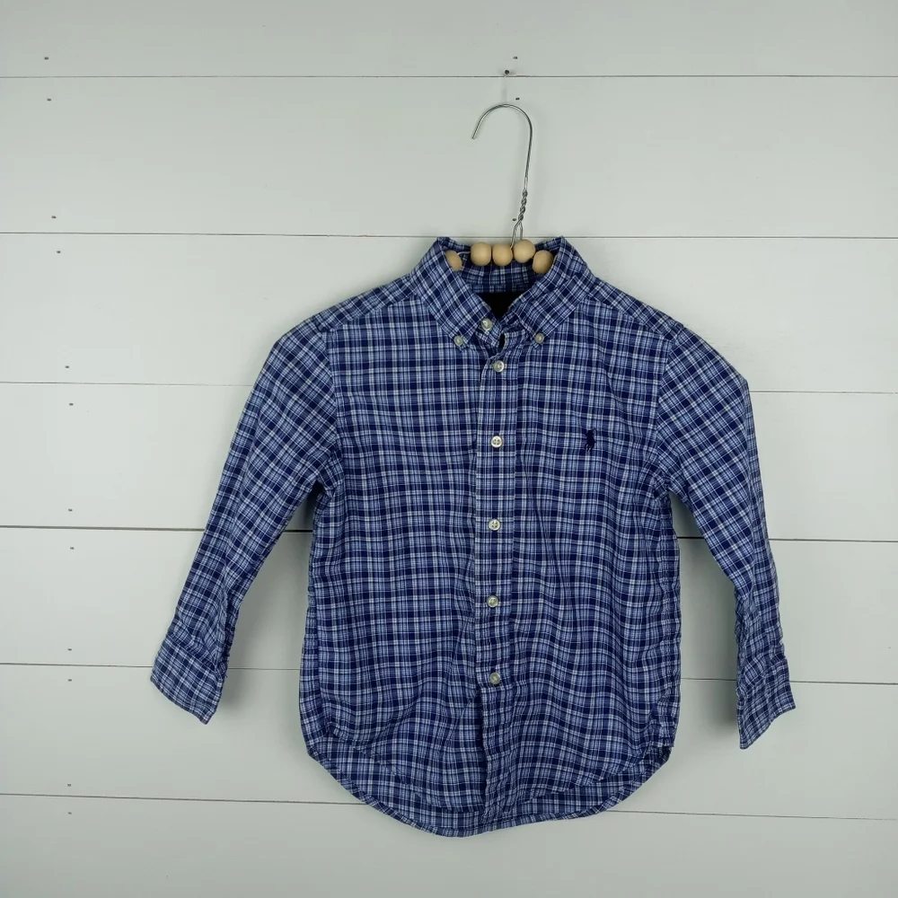 Ralph Lauren boys size 4 blue and white small plaid button up shirt collared