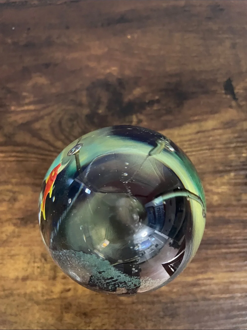 Handcrafted Glass Aquarium Egg Ornament with Blue, Yellow & Red Fish