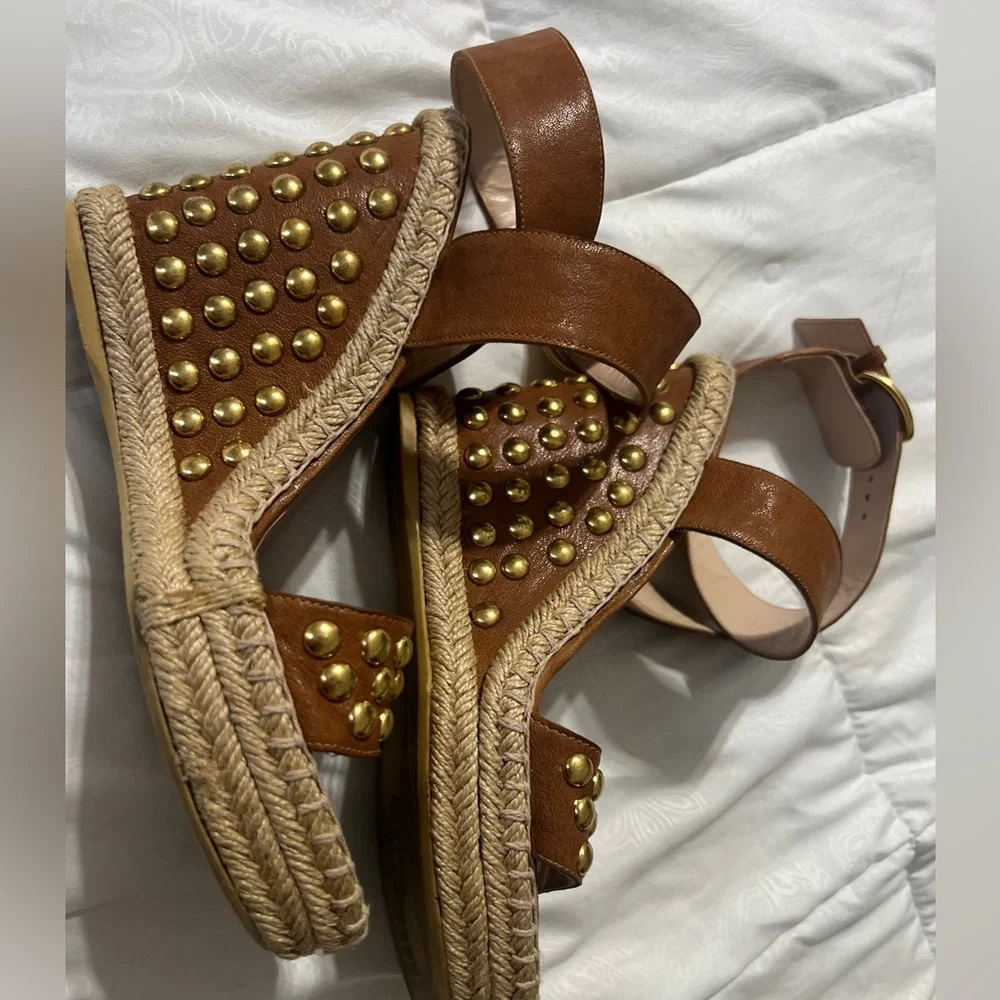 Stuart Weitzman Tan Studded Espadrille Wedge Sandals