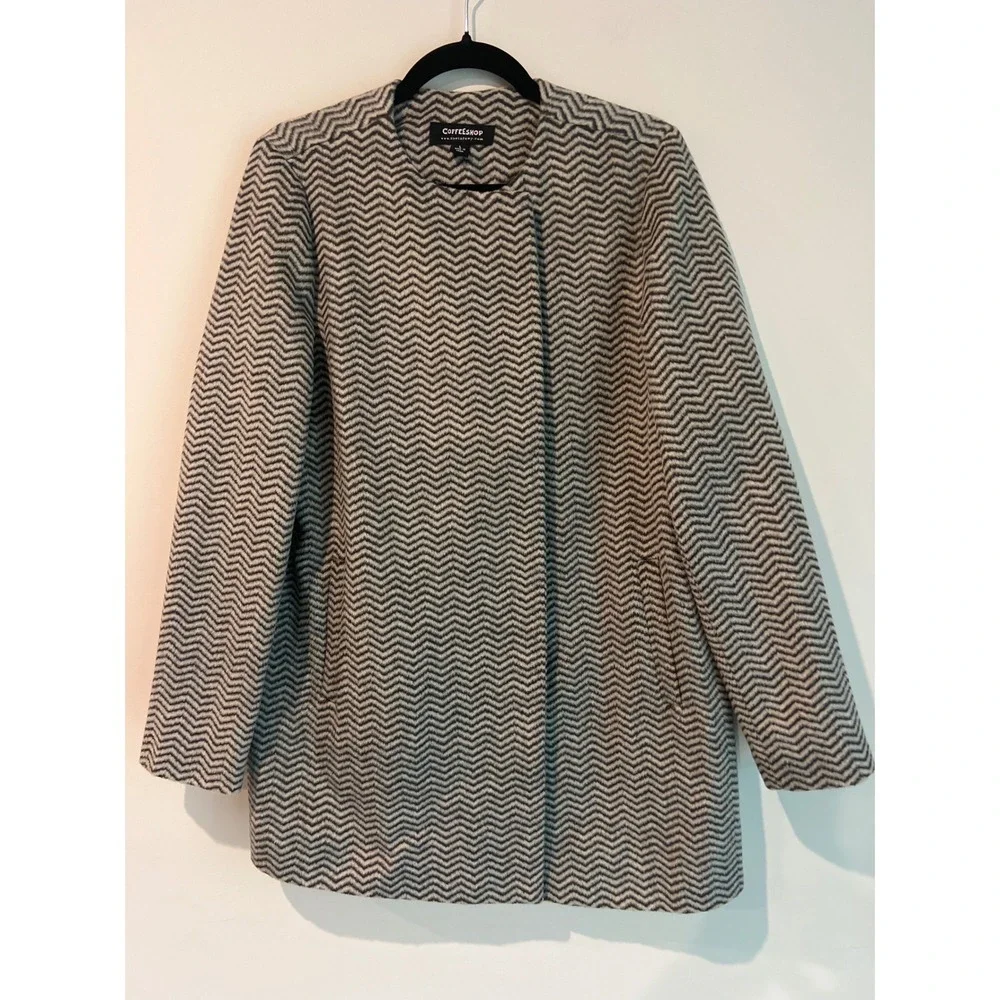 COFFEESHOP Womens‎ Chevron Pattern Collarless Coat Jacket Size L Wool Blend