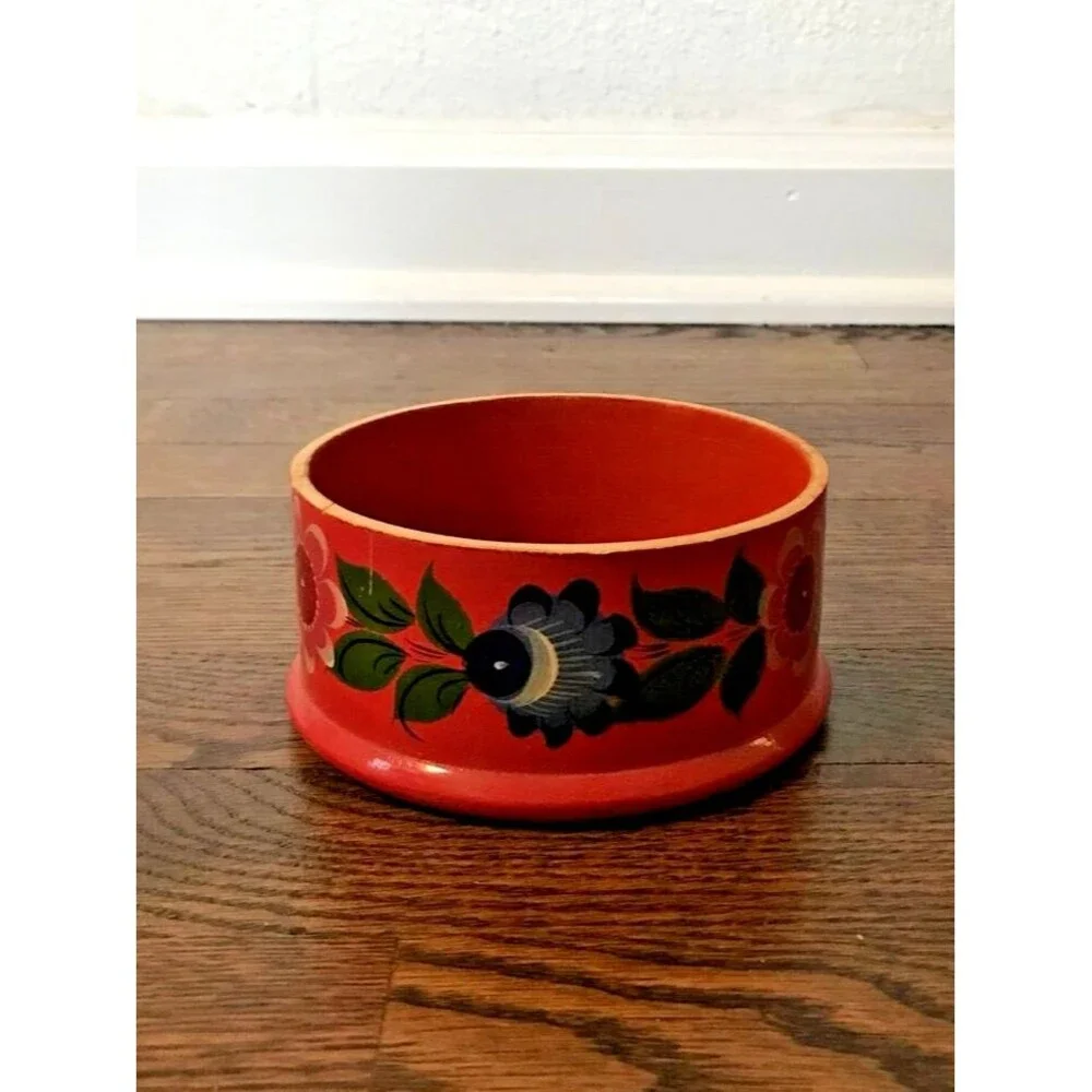 vtg 70s‎ boho wooden jewelry bowl hand painted orange floral home decor gift
