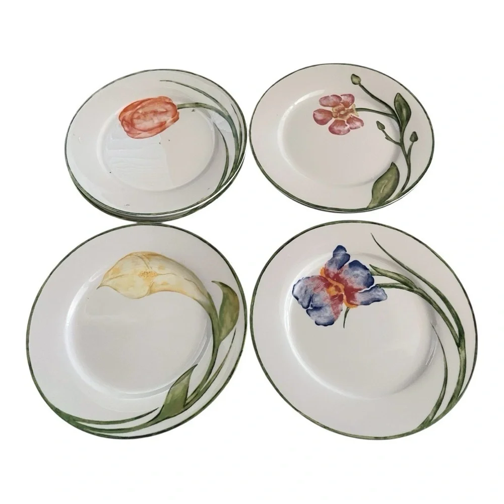 Pier 1 Floral Salad/Dessert Plates, Four, Tulip, Iris, Calla Lily & Orchid, 7.5”