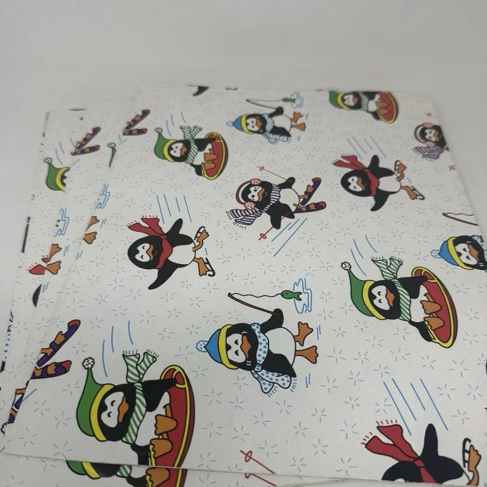 Vintage Christmas Wrapping Paper Gift Wrap 3 Sheets White Penguin Snow 22