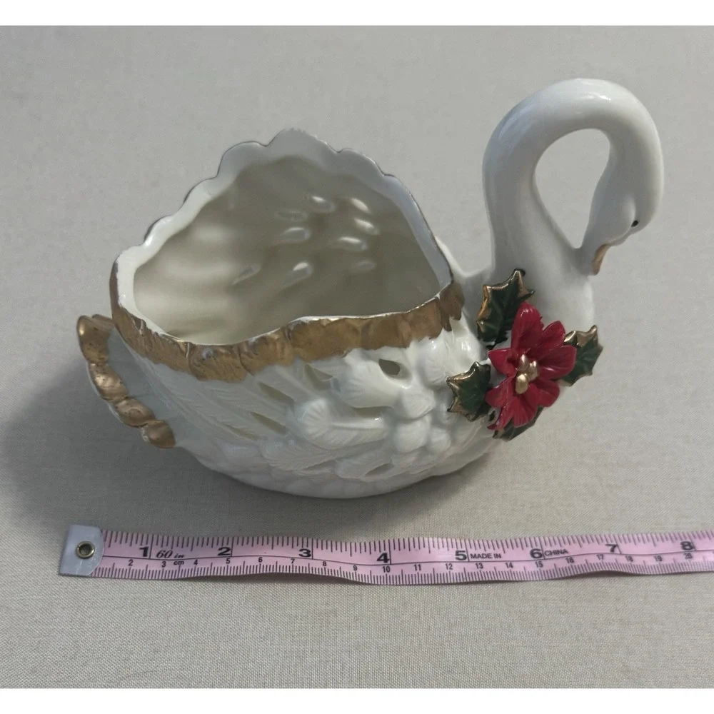 Vintage Swan Planter Bowl White Ceramic Gold Trim Poinsettia Christmas‎ Decor