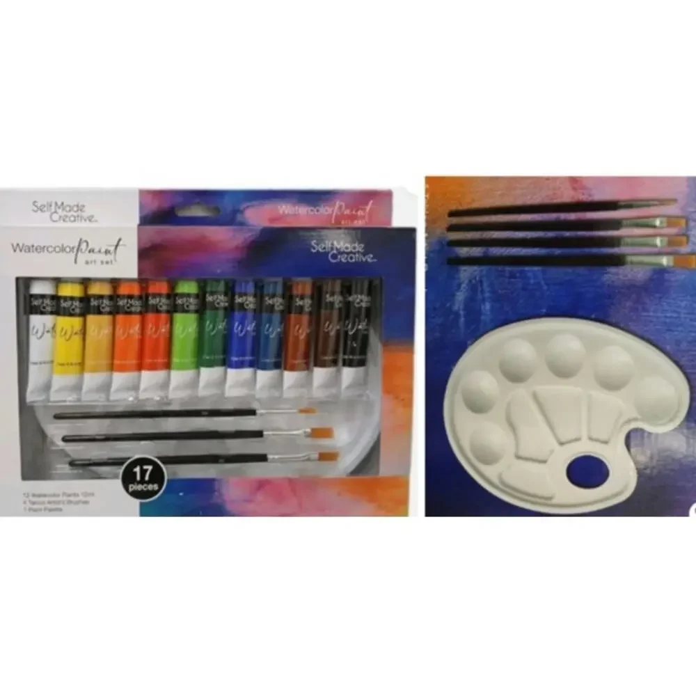17 Pc WATERCOLOR Tubes Paint Set‎ w 4 Taklon Paint Brushes + Art Palette Value