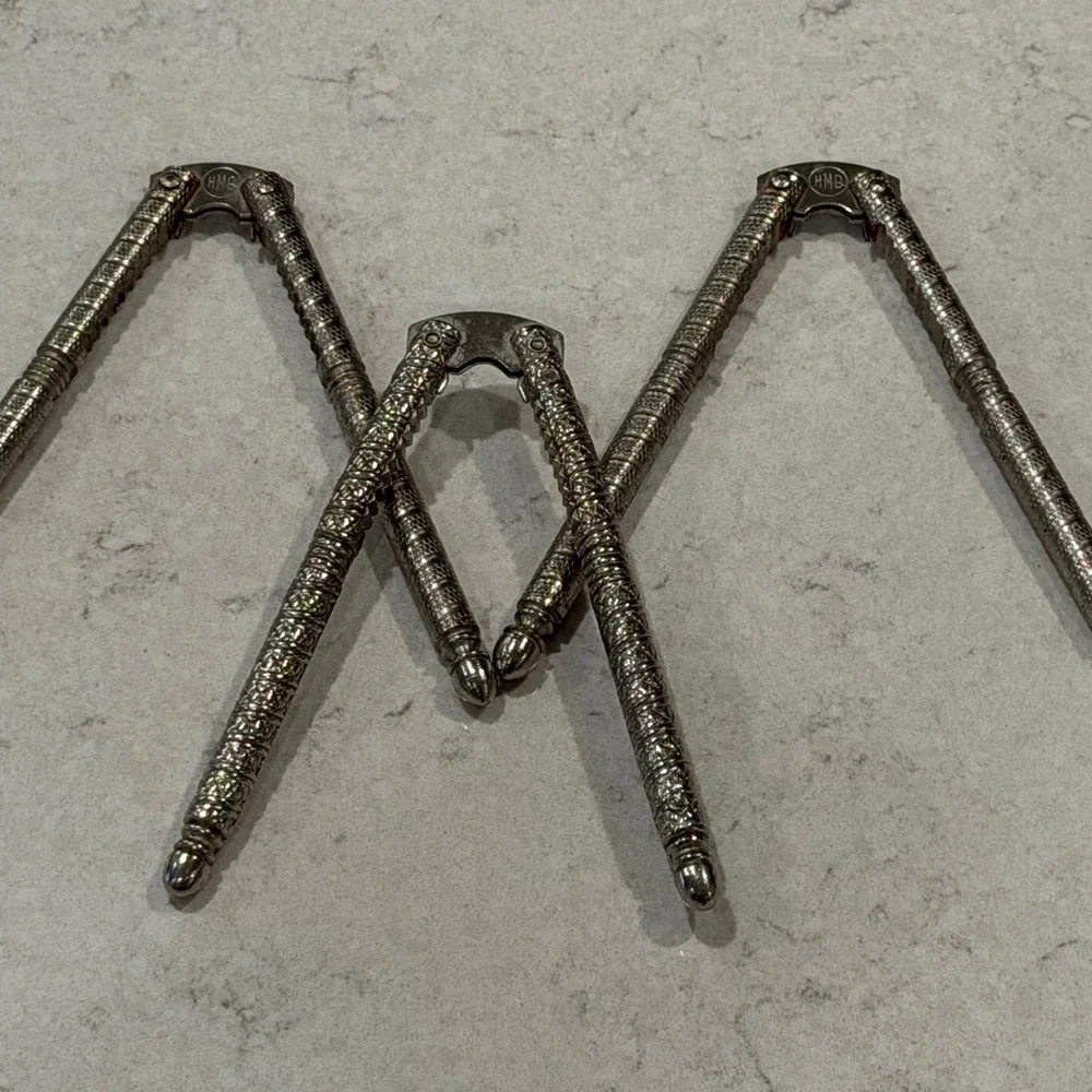 Vintage HMQ Silver Tone Metal Nutcrackers Set of 3 Textured Handles Kitchen Tool