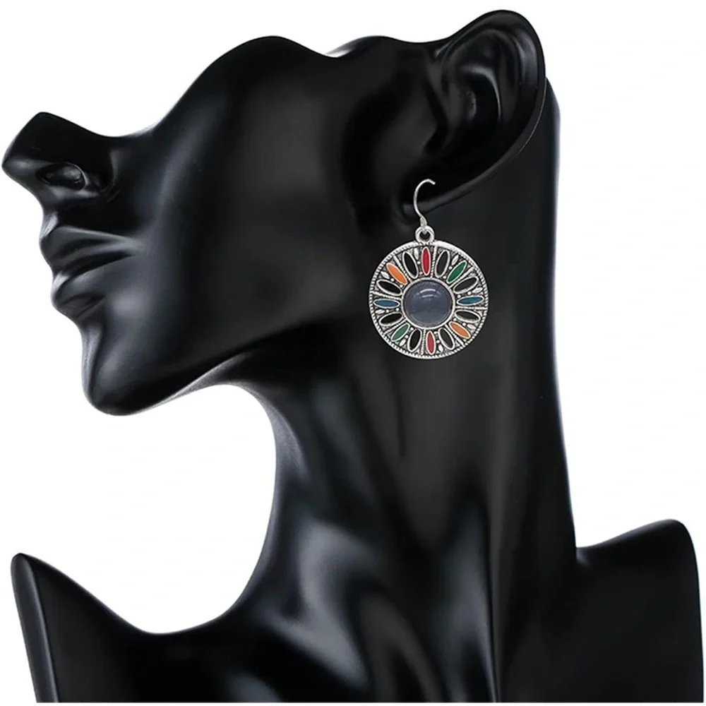 Boho Vintage Enamel Mandala Dangle Earrings Silver Tone