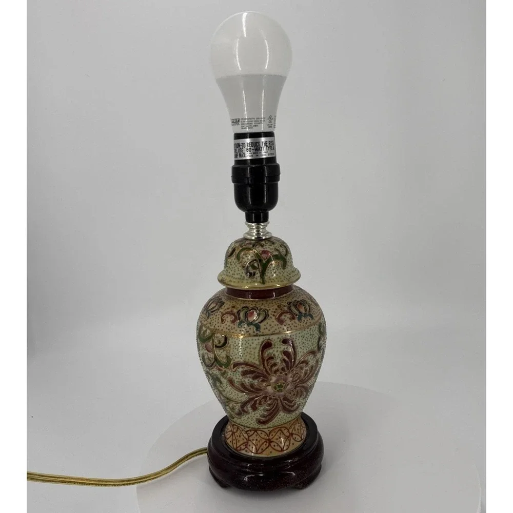 Vtg Asian Satuma Style Ginger Jar‎ Lamp Hand Painted Floral Chinoiserie Enamel