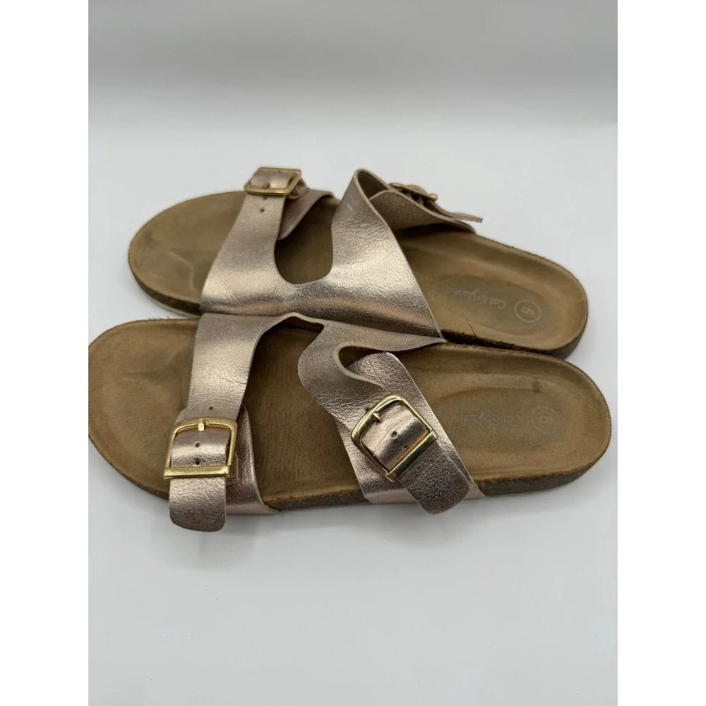 Cat & Jack Slide‎ Sandals Girls Size 5 Rose Gold Metallic Double Buckle Slides