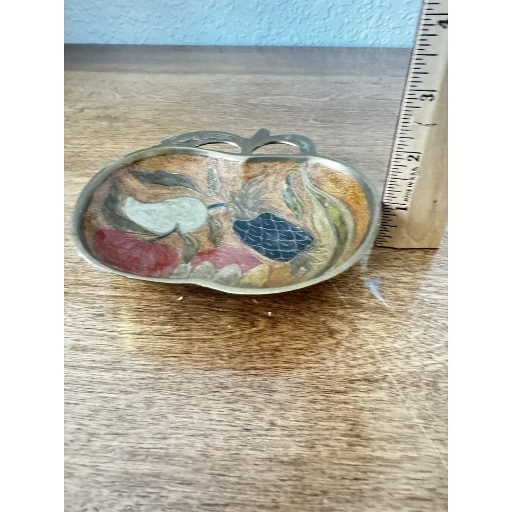 Vintage Solid Brass Enameled Fruits Apple Shape Trinket Tray Small