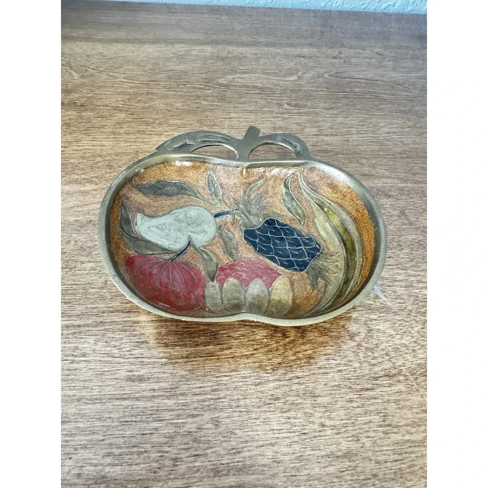 Vintage Solid Brass Enameled Fruits Apple Shape Trinket Tray Small
