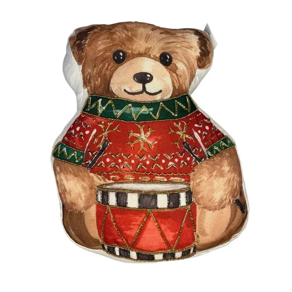 Nwt Beaded Christmas Teddy Bear Drum Pillow 14x18 India Holiday Decor Holiday