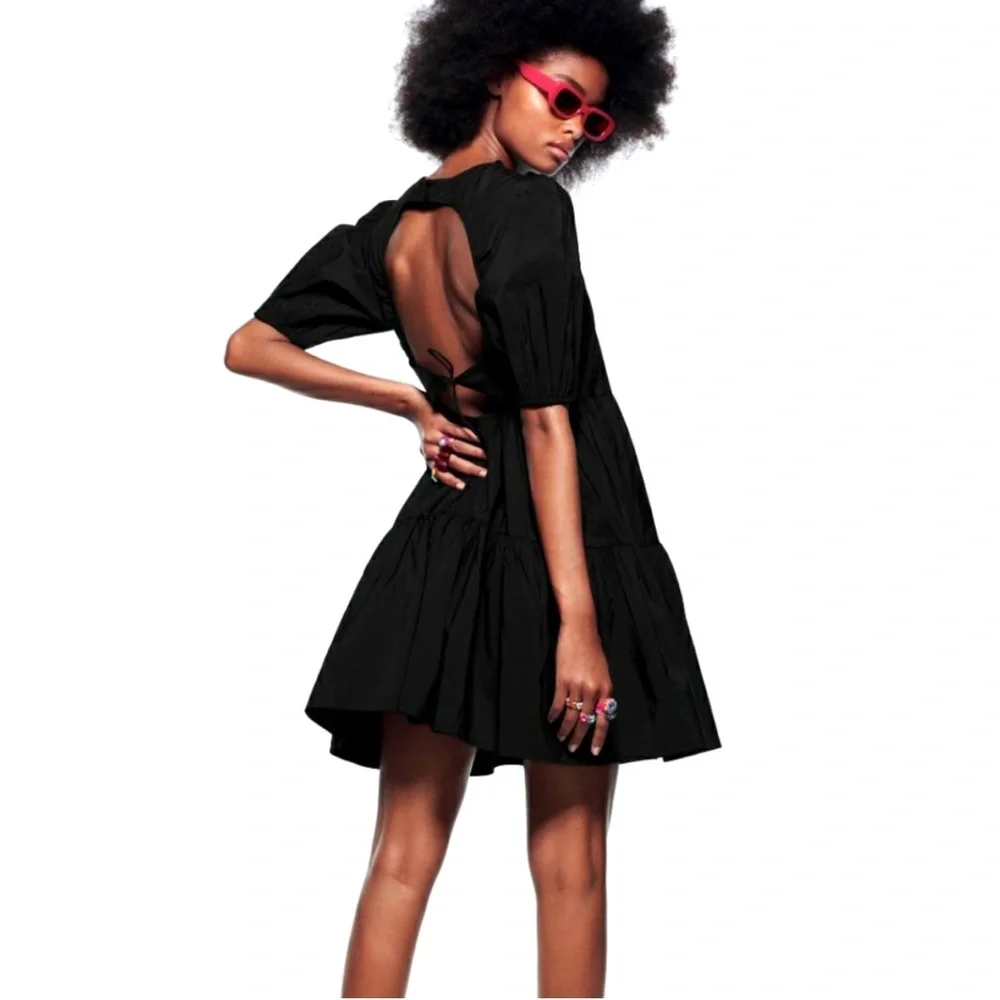 Zara Black Tiered Poplin Open Back‎ Mini Dress XS