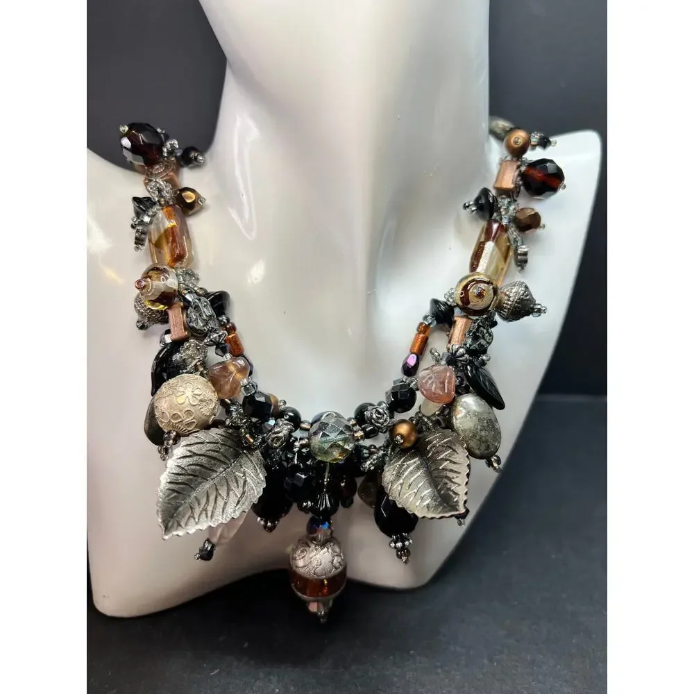Artisan Copper Wire Necklace Glass Onyx Pyrite Amber Pearl 17”