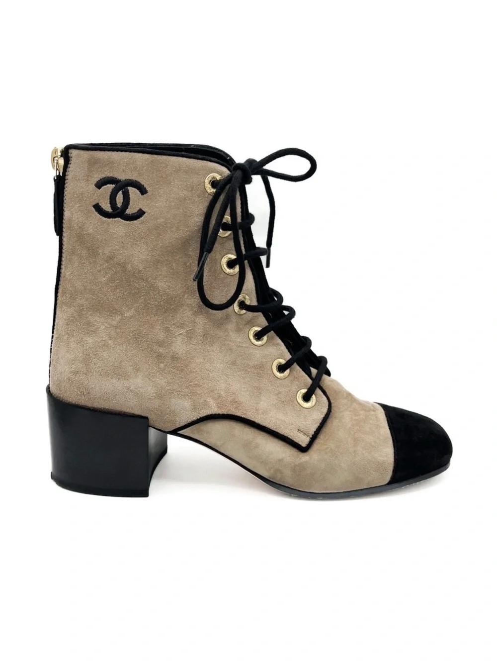 Chanel Interlocking CC Logo Suede CC Lace Up Short Heeled Cap Toe Boots