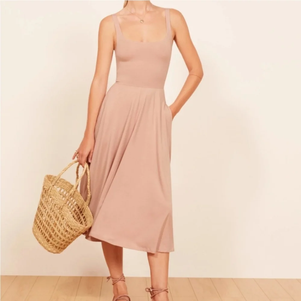 NWT Reformation Blush Pink‎ Rou Scoop Neck Fit & Flare Jersey Knit Midi Dress XL