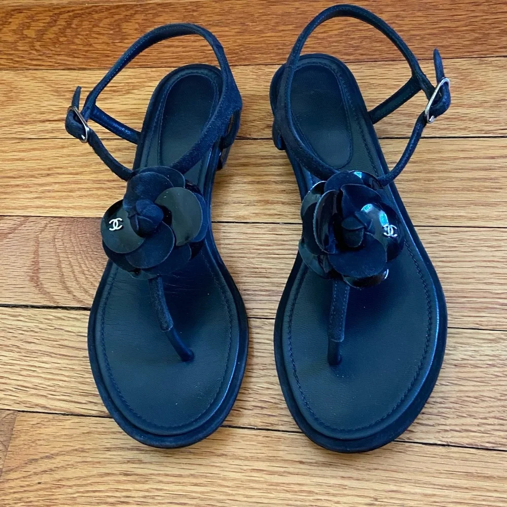 Chanel Women's Black Sandals with Floral Accent