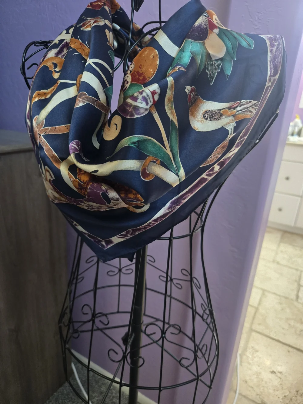 Anne Klein Navy Multicolor Printed Silk-Feel Scarf
