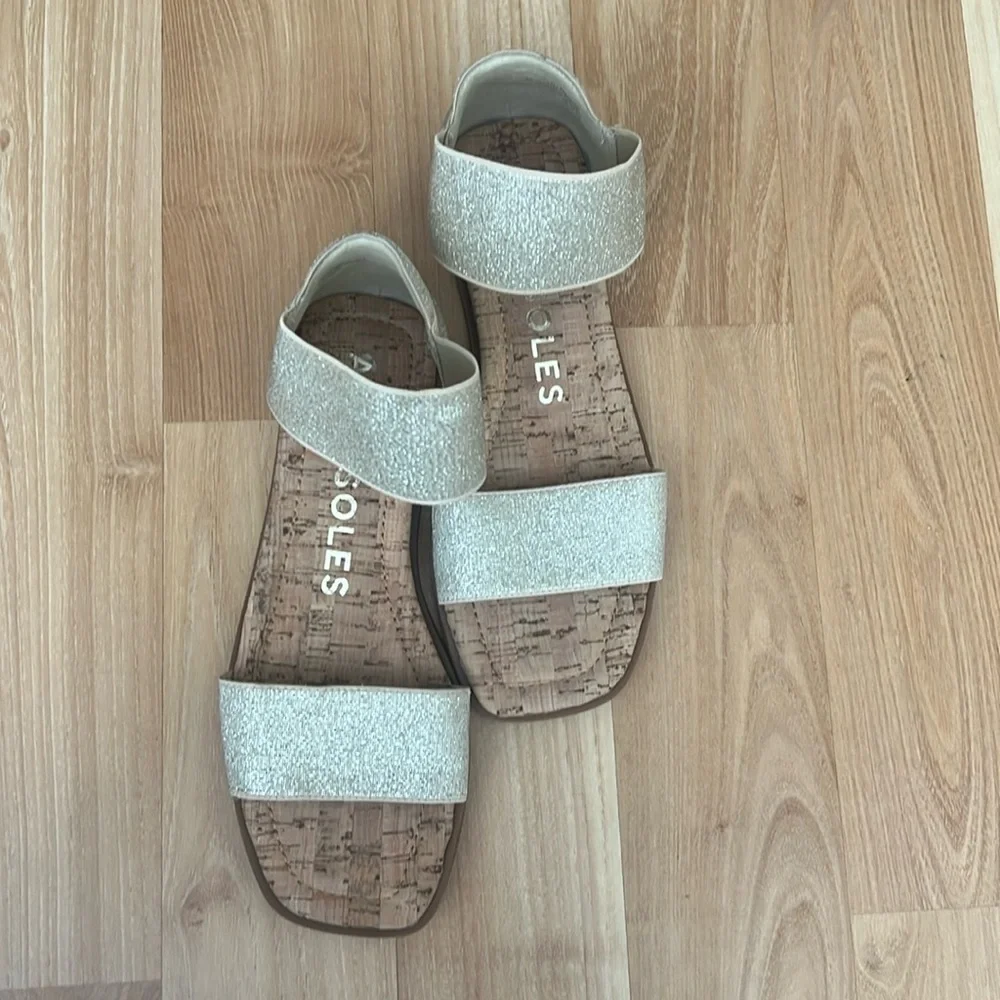 Aerosoles Gold & Silver Glitter Elastic Ankle Strap Cork Flat Sandals Womens 9M