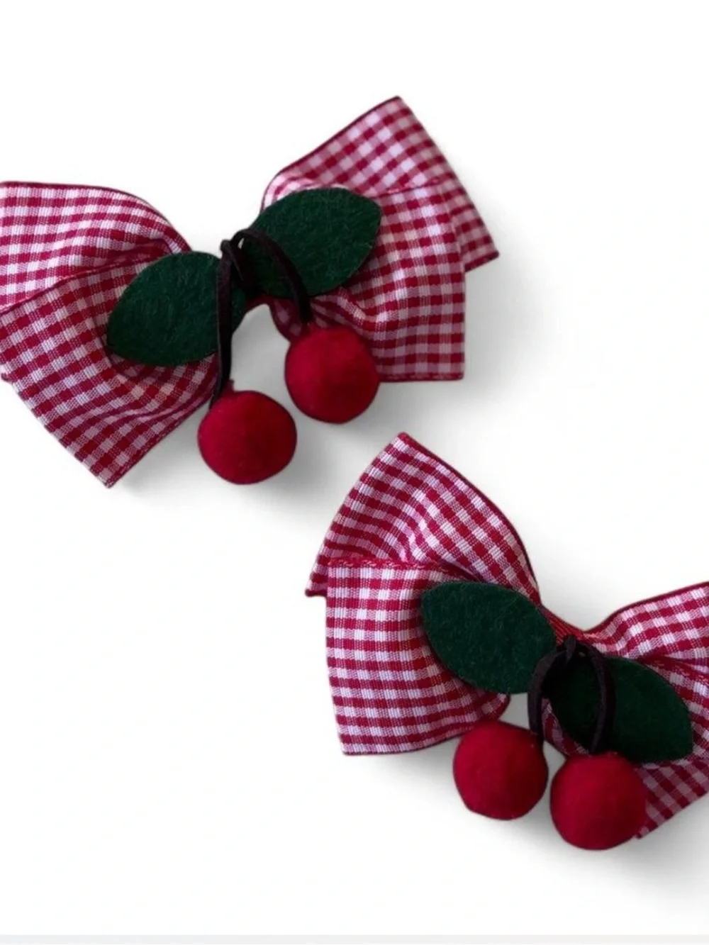 Red Gingham Cherry Bow Hair Clips Set of 2 Retro