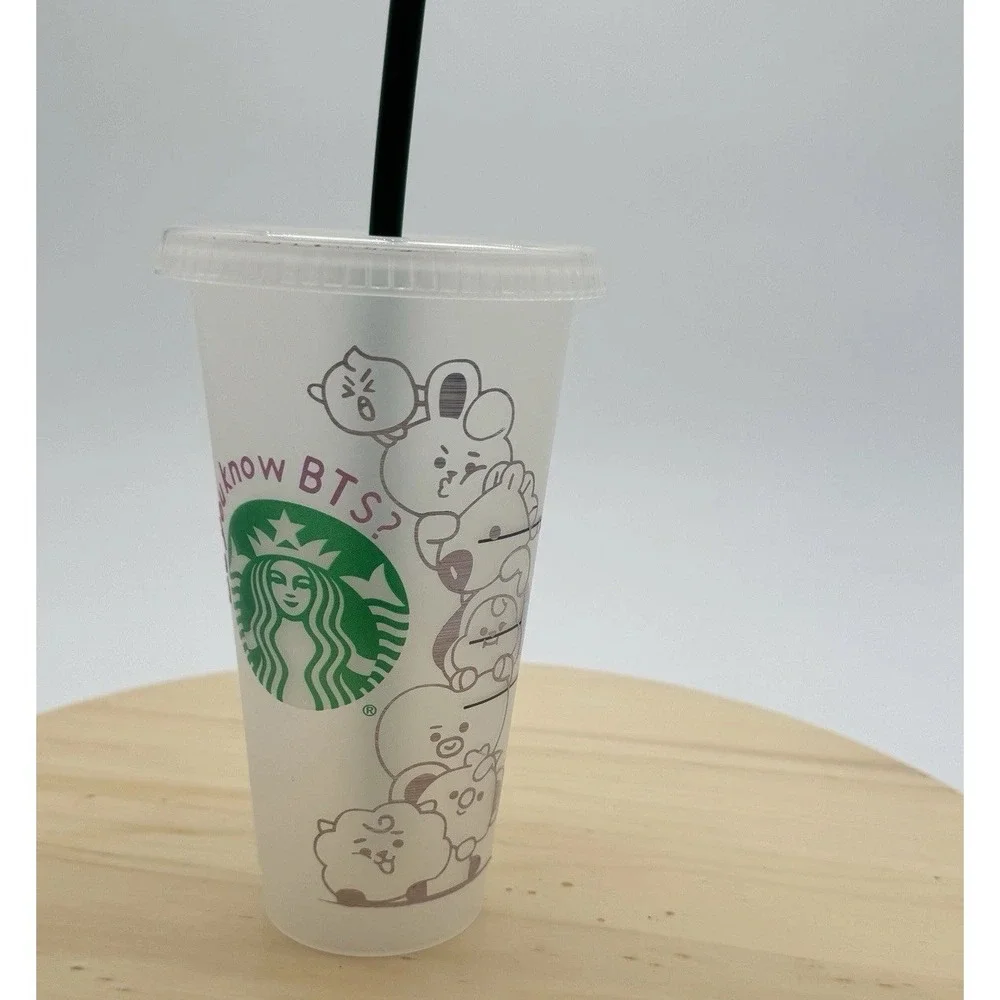 Starbucks Reusable Cold Cup 24Oz BT21 Inspired Cartoon Characters Plastic‎ Lid