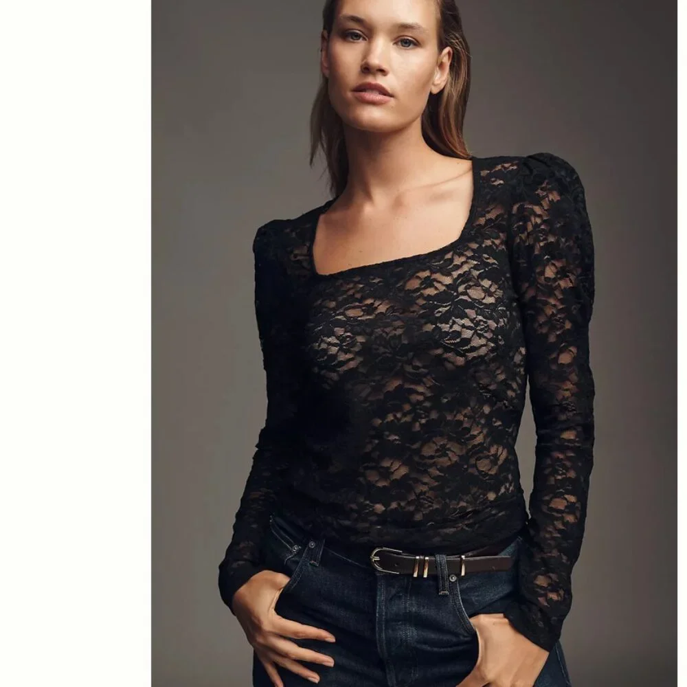 NWT Anthropologie Puff-Sleeve Sheer Lace Top Whimsigoth Moody Festival Size S