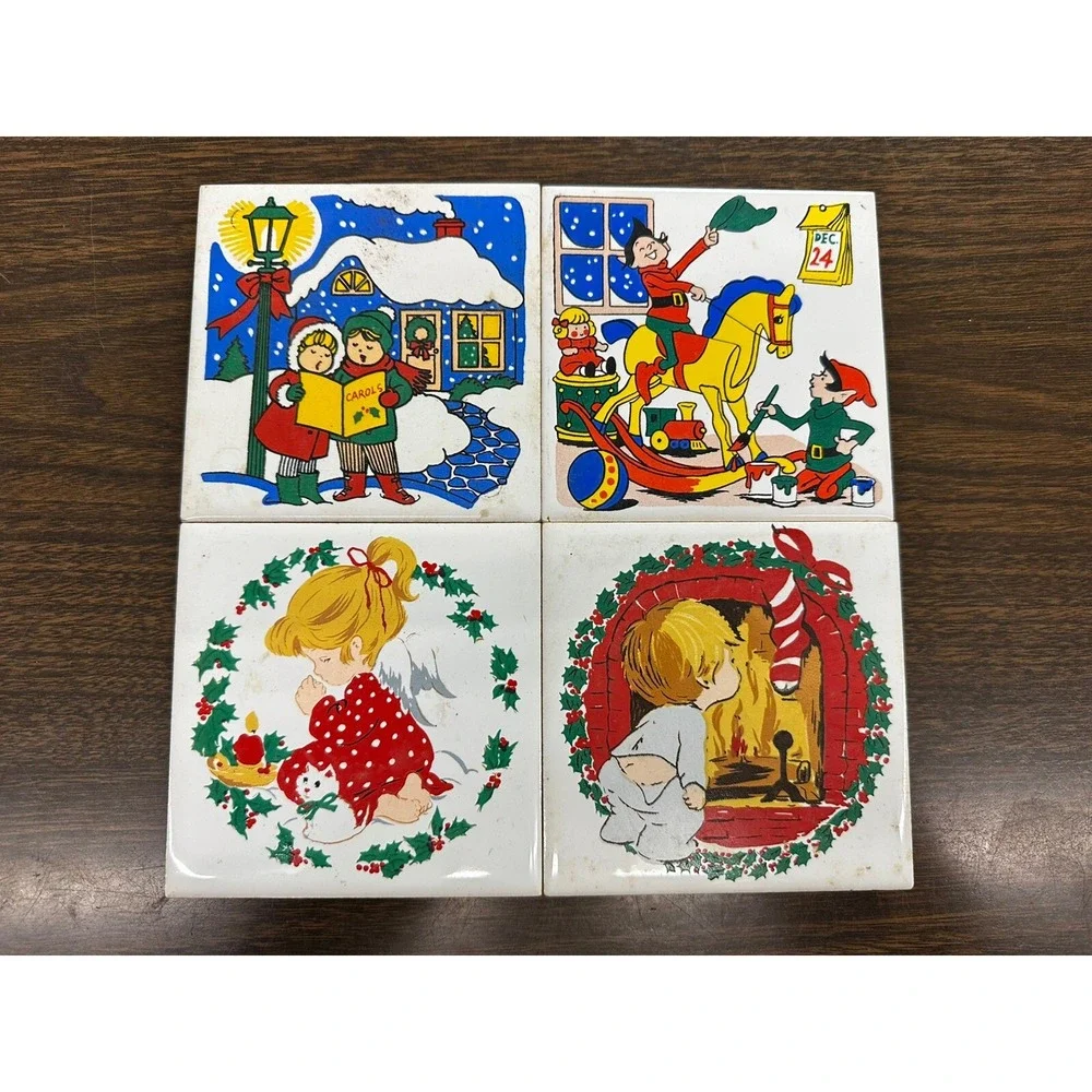 Jasco Christmas Holiday Ceramic Tile‎ Trivet-Set of 4w/Rubber Feet Vintage 1981