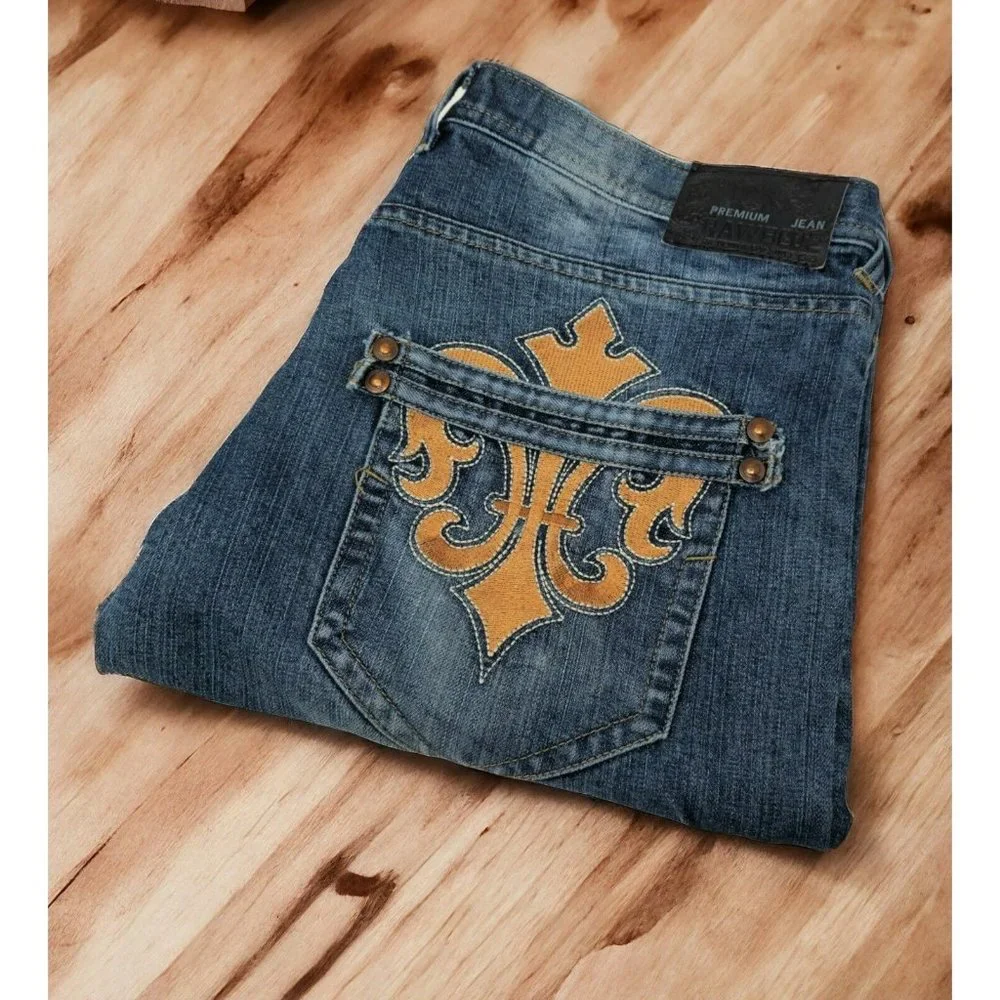 Raw Blue Premium Jeans Men's 38 Blue Embroidered Pockets‎ Hip Hop Y2K Dark Wash