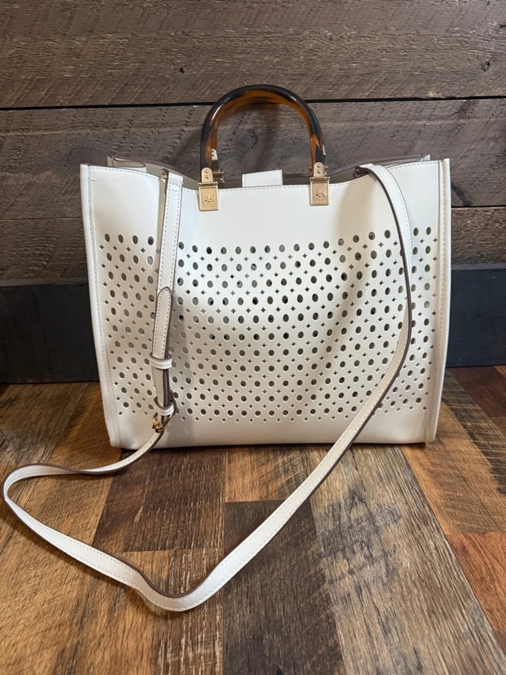 Anne Klein Perforated Tote White w/Tortoise Acrylic Handles Gold Hardware