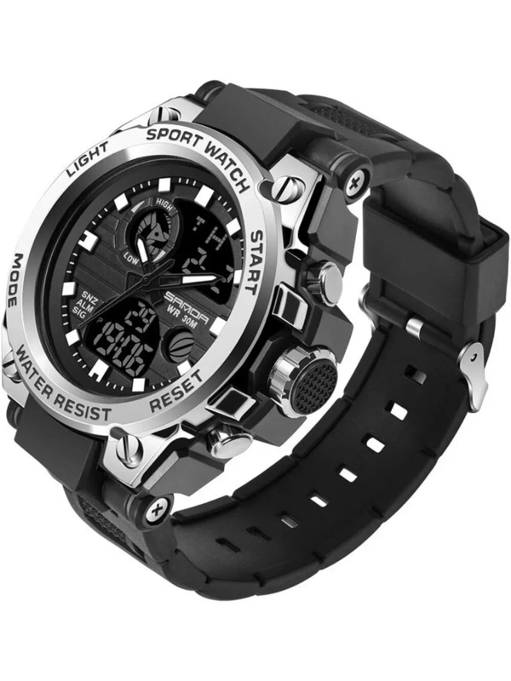 Men's Silver Analog Quartz Sports Outdoor Waterproof Military LED Digital Watch