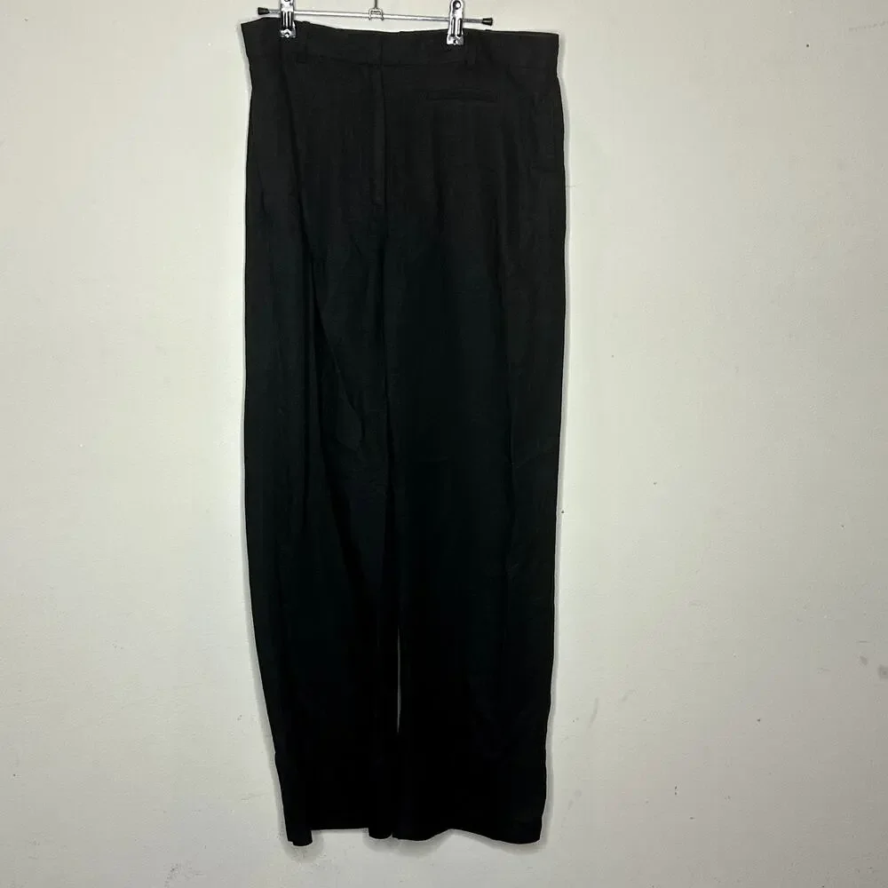 H&M Black Linen‎ Blend Pockets High Rise Wide Leg Trouser Pants Women's Size 12