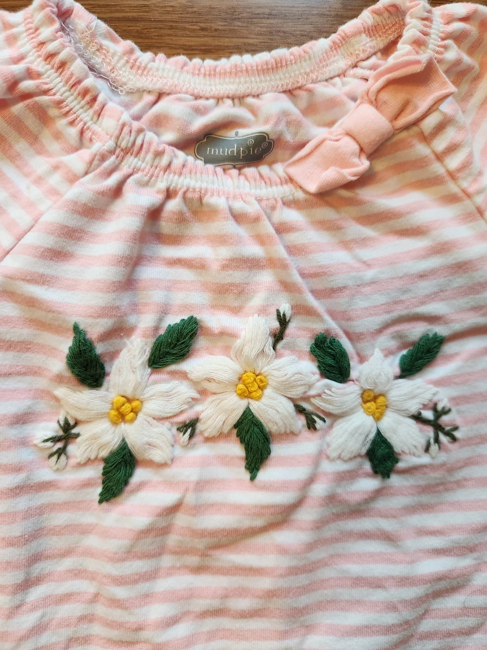 Mud Pie Baby Girls Pink Flower Embroidered Footed One-Piece Outfit, 6-9 Months