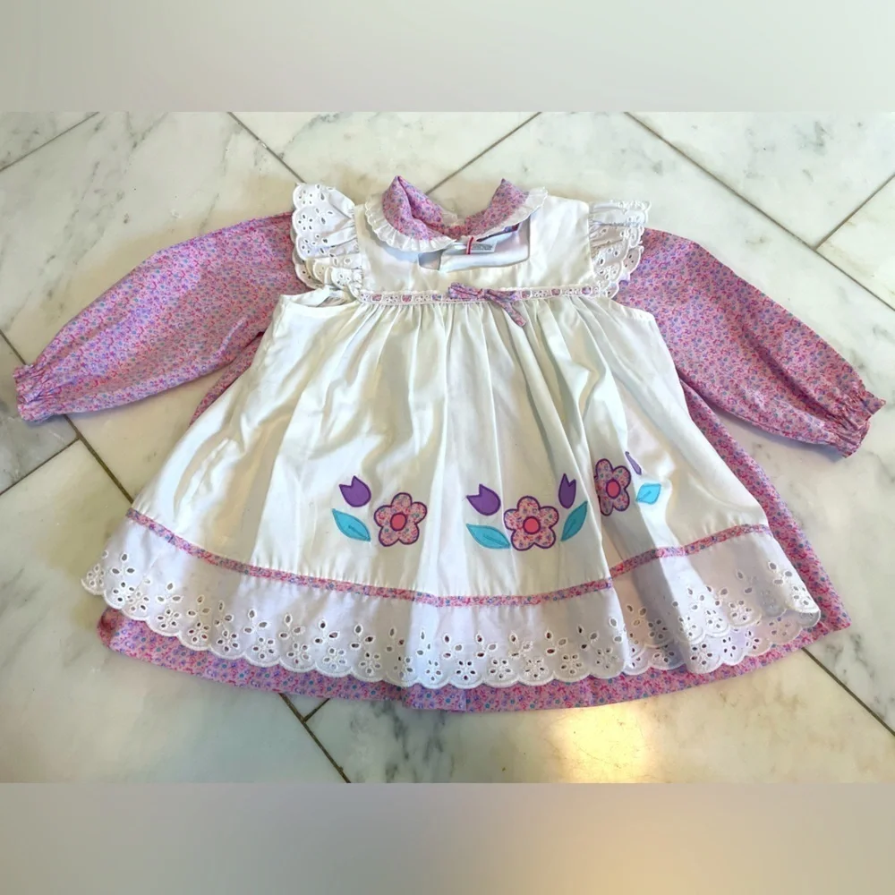 Vintage 2-piece floral pink and white apron girls dress size 4 toddler EUC