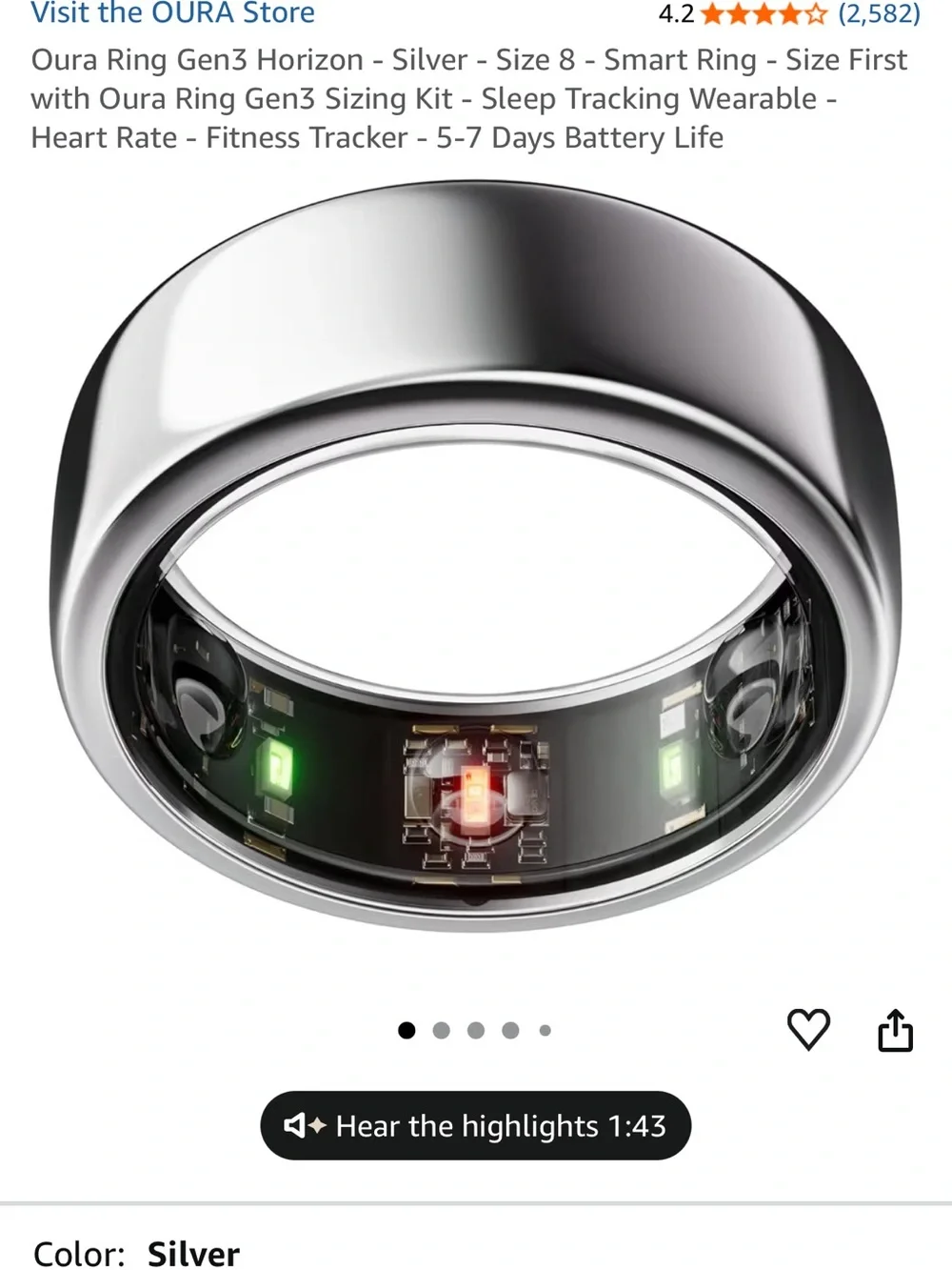 Oura Ring Gen3 Horizon Smart Ring — Silver with Black Interior