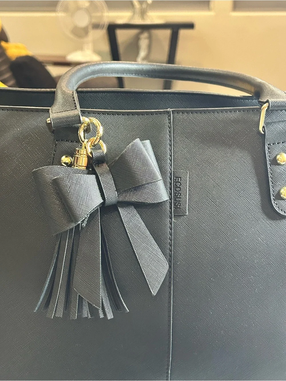 Black-Women's Laptop Tote Bag with Bow Charm - Sleek Professional Work Bag
