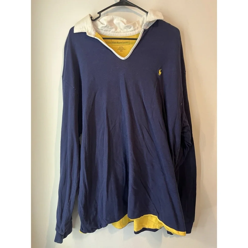 Vintage Polo Ralph Lauren Polo Short Ling Sleeve Double Layer Size XXL Blue Yell