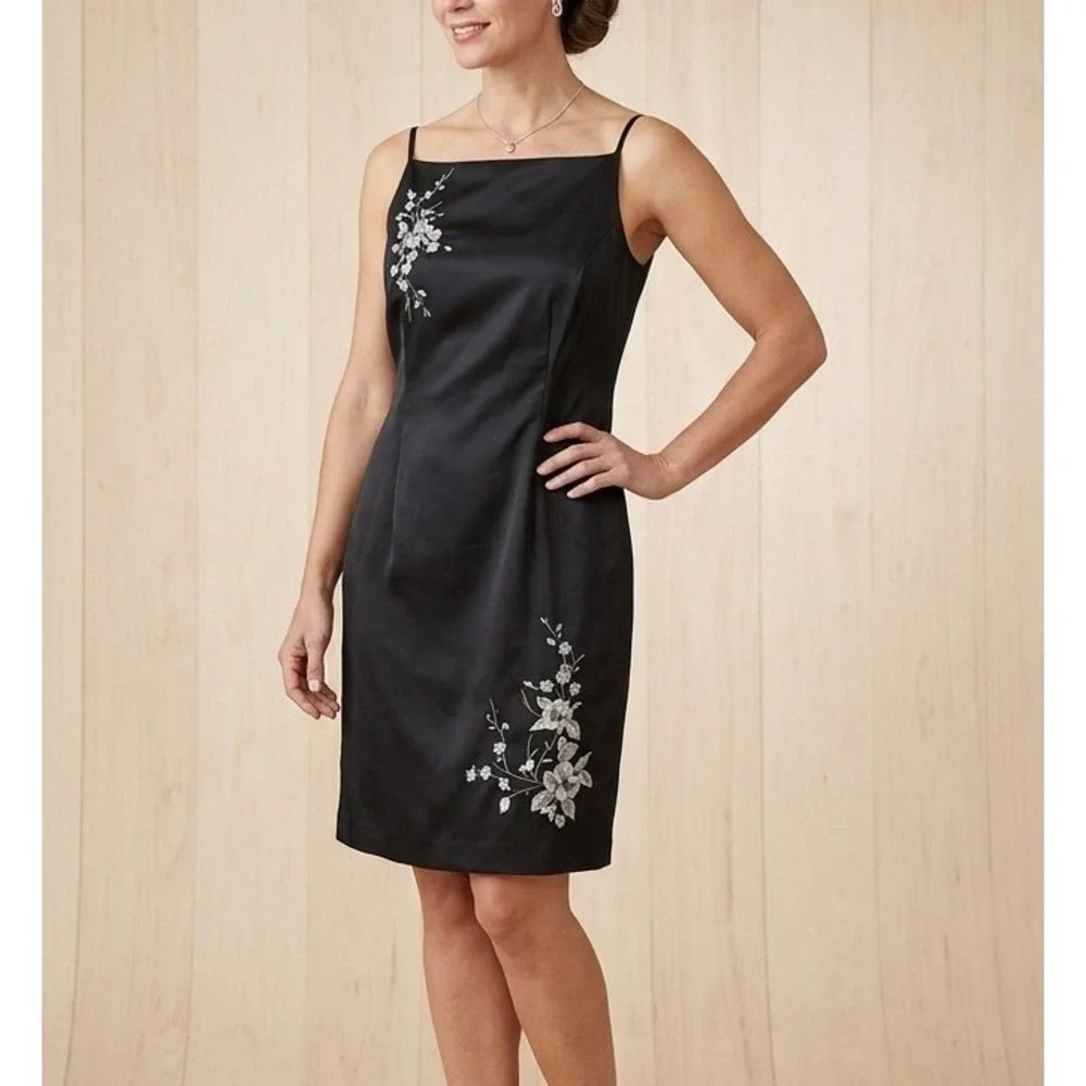 Y2K Vintage 90s CDC 12 Black Satin Slip Dress Spaghetti Strap‎ Embroidery Formal