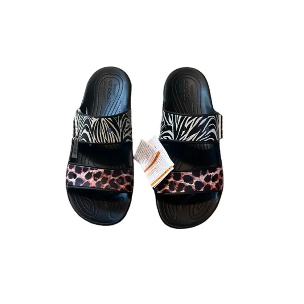 Crocs Classic Crocs Animal Remix Sandals Unisex Black Multi‎ Slides M 12 NEW