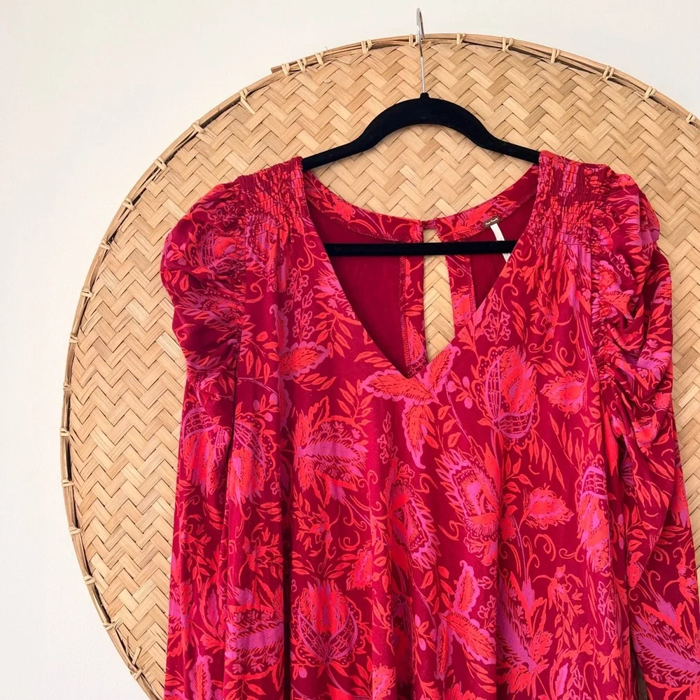 BOHO FREE PEOPLE HELLO LOVER V-NECK PUFF SLEEVE TUNIC DRESS FLOWY SILHOUETTE EUC