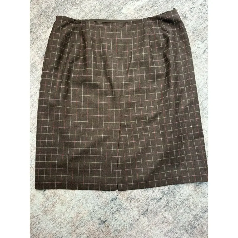 TALBOTS Wool Stretch Pencil Skirt Lined Slit Windowpane Check Brown