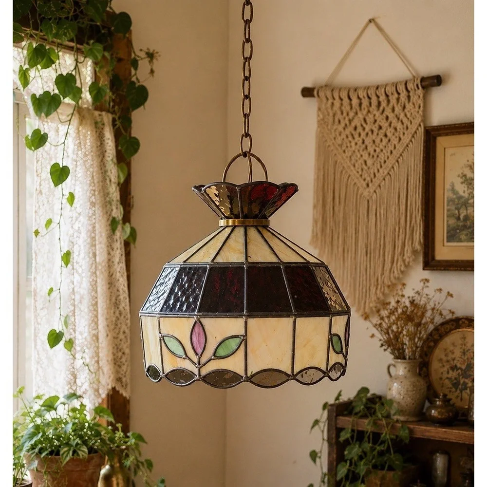 Vintage Leaded Slag Stained Glass Hanging Ceiling Light Swag Lamp
