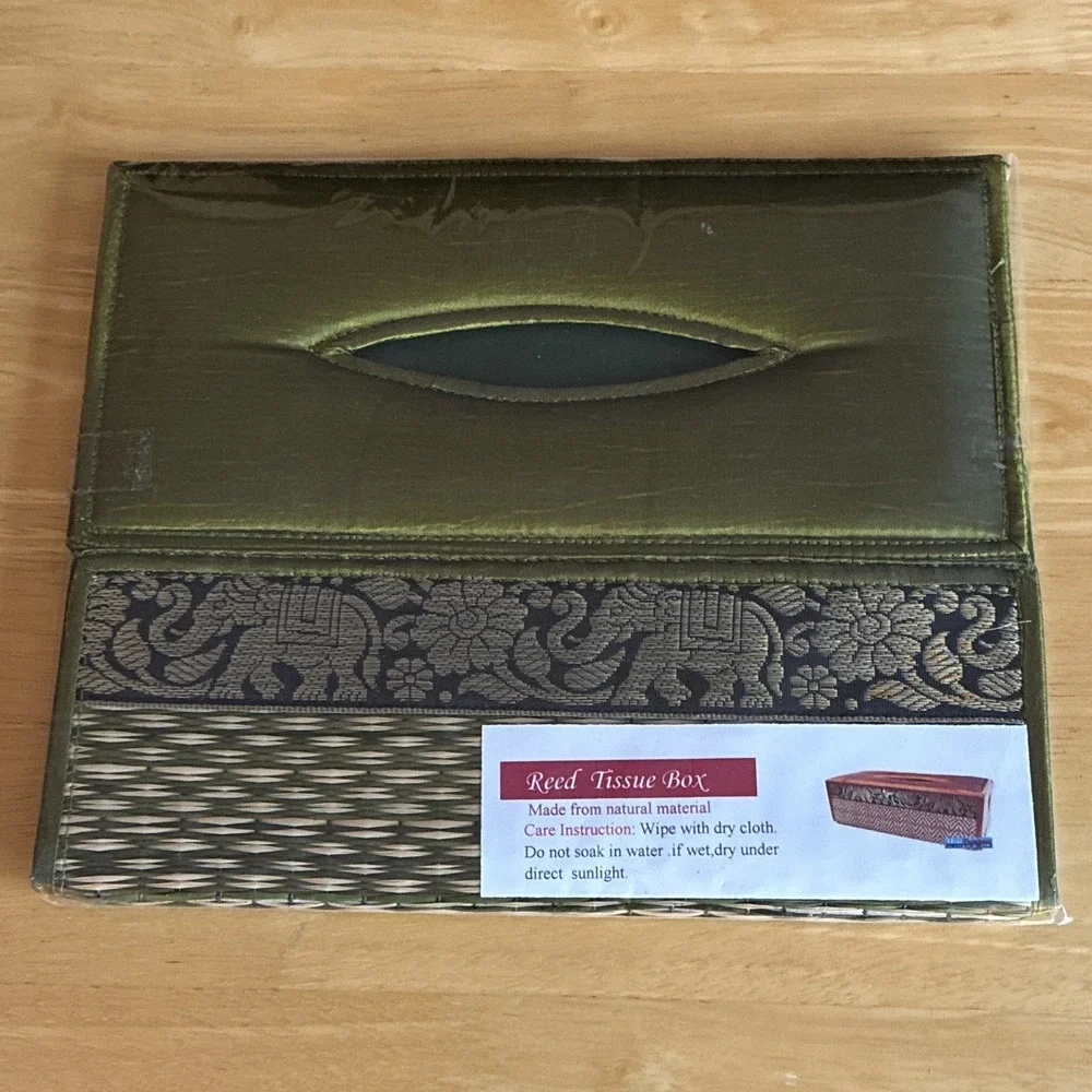 Reed Tissue Box Cover Decorative Elephant Pattern Green Black Gold, Rectangular