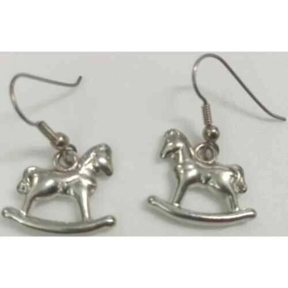 New Rocking Horse Earrings Pendant Charm Set Girls OS Silver Equine Equestrian