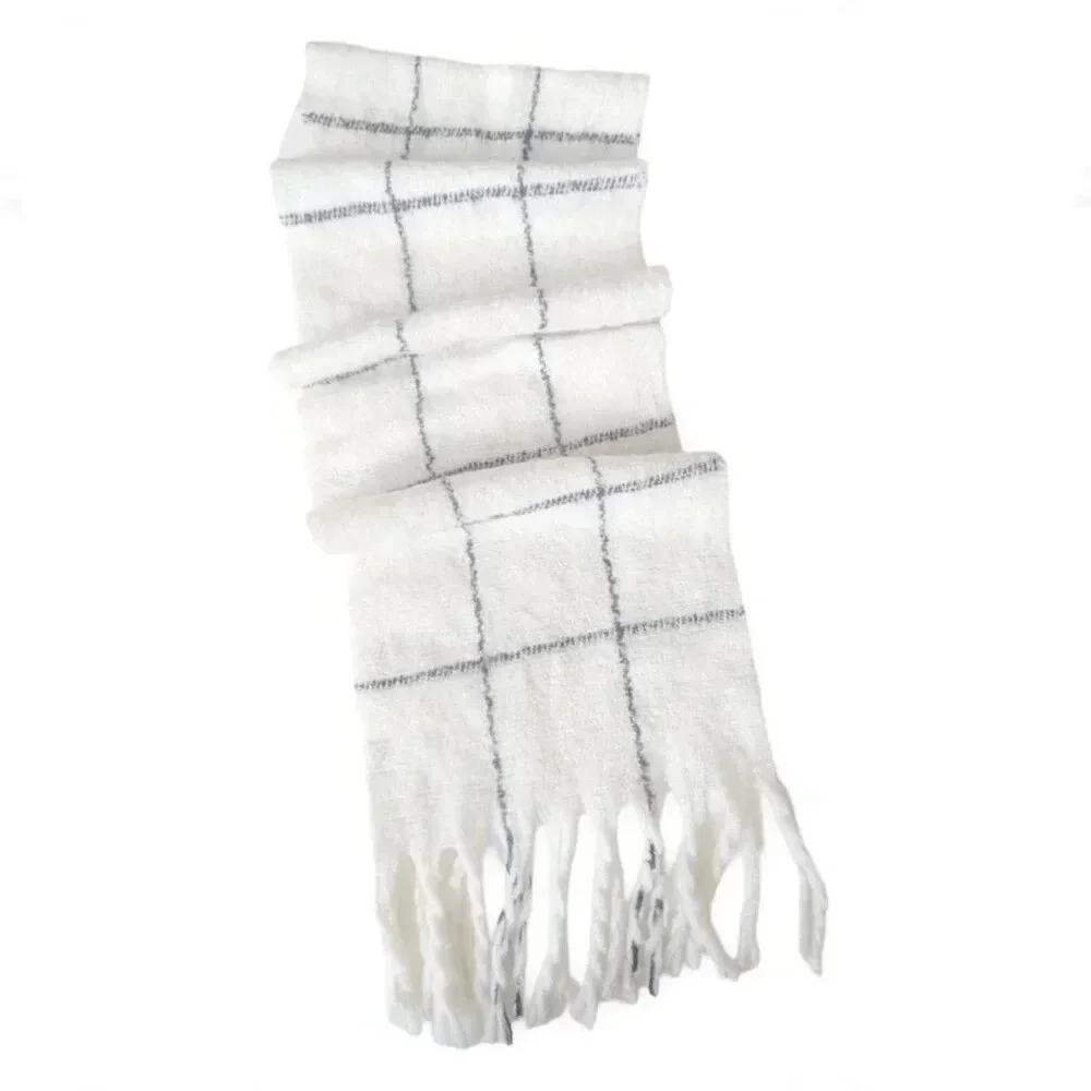 Oversized Windowpane Check Scarf in 100% Poly Fringe Shawl Knit