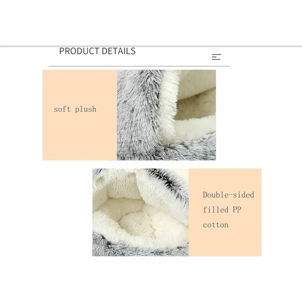 Plush Fuzzy Pet Bed House Soft Shag Hooded Cave Dog Cat Gray White Small