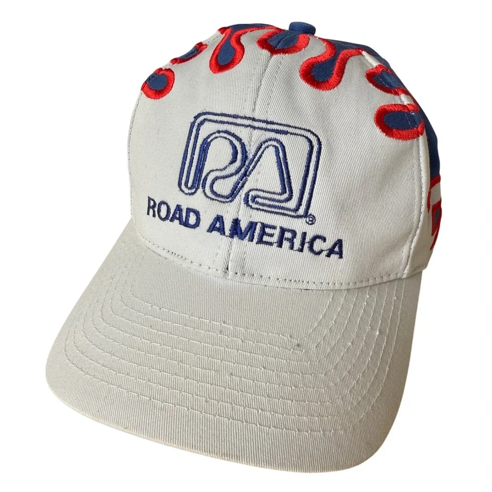 Road America‎ Flames Logo Baseball Cap Hat Men Blue White Red Racing Wisconsin
