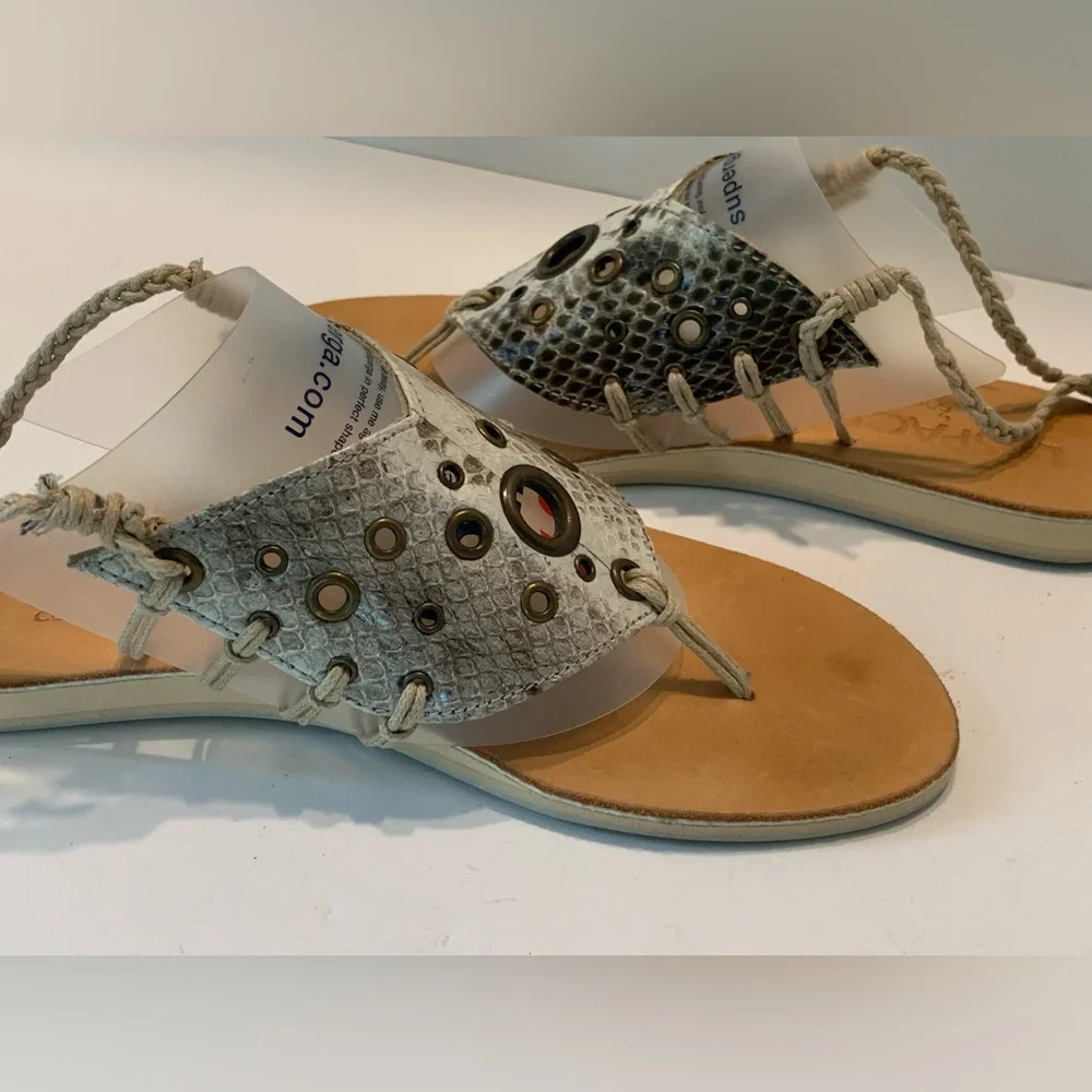 L*Space Silver Faux Snakeskin Tie-Up Braided Ankle Sandals Size 37 / 6.5